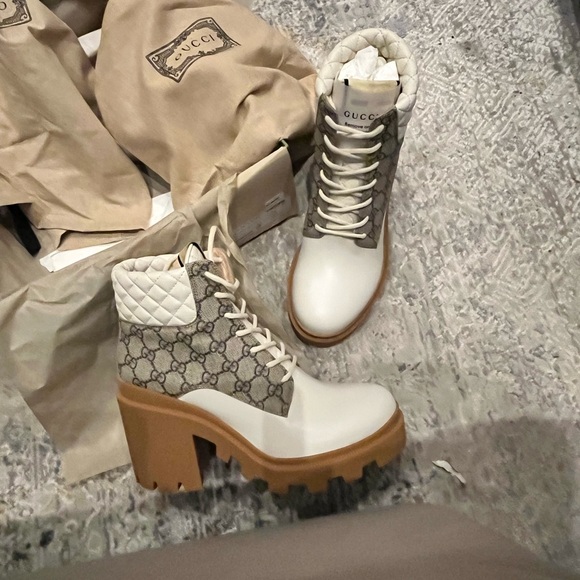 Women's Lace Up Heeled Ankle Boots GG Coated Canvas With Quilted Leather - Picture 6 of 9